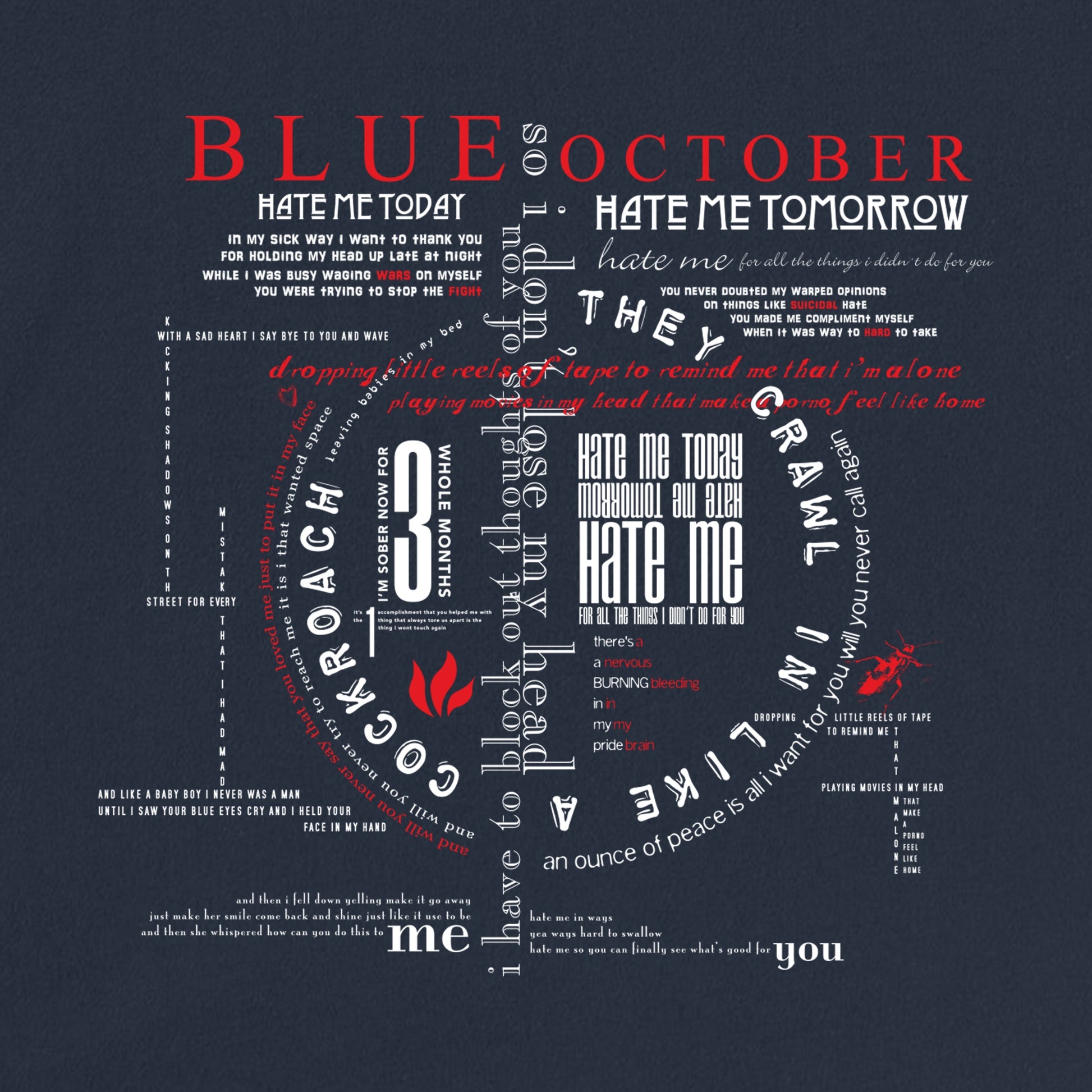 Navy Hate Me Tee back lyrics graphic close up.