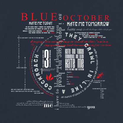 Navy Hate Me Tee back lyrics graphic close up.