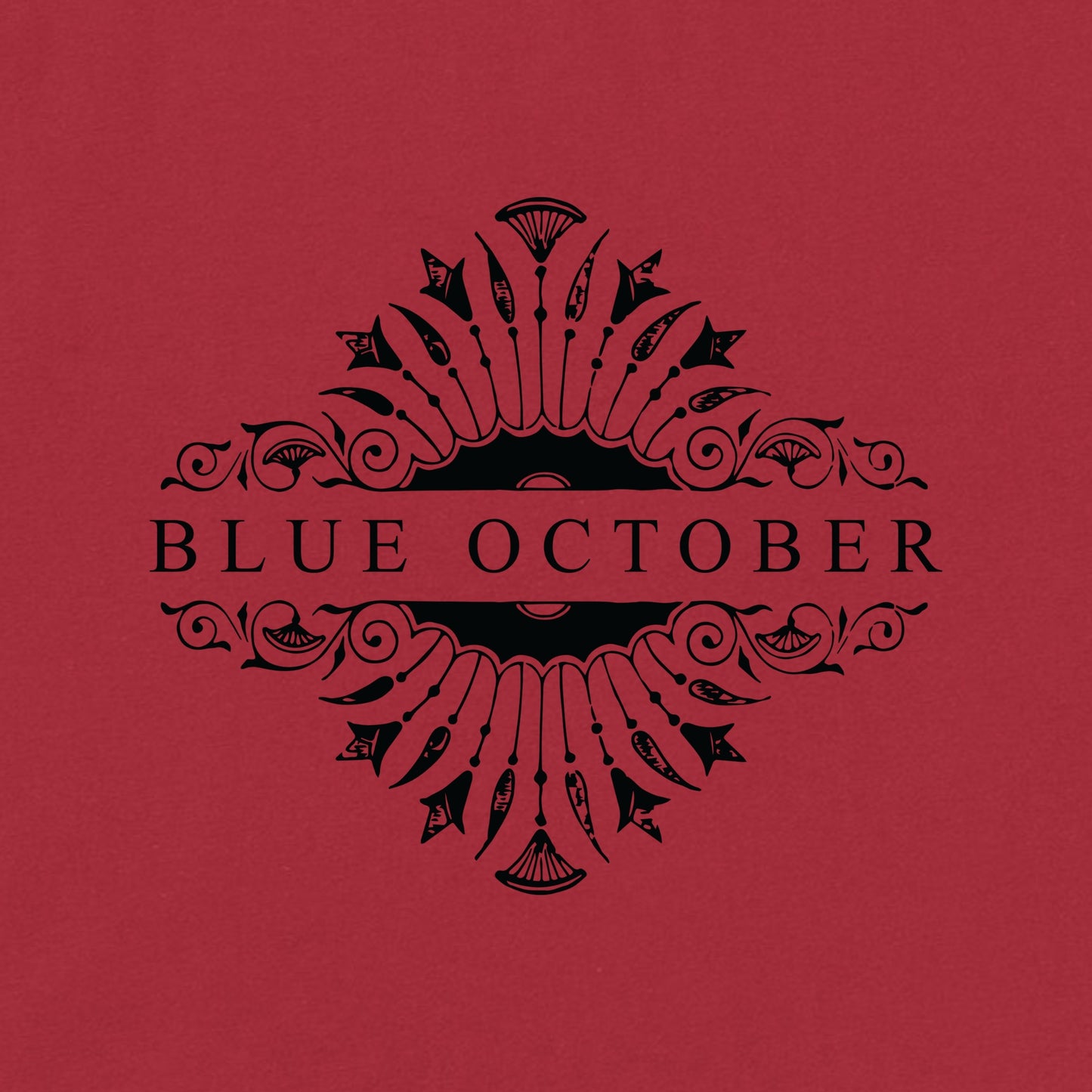 Close up of the Blue October Red Foiled 20th Anniversary logo