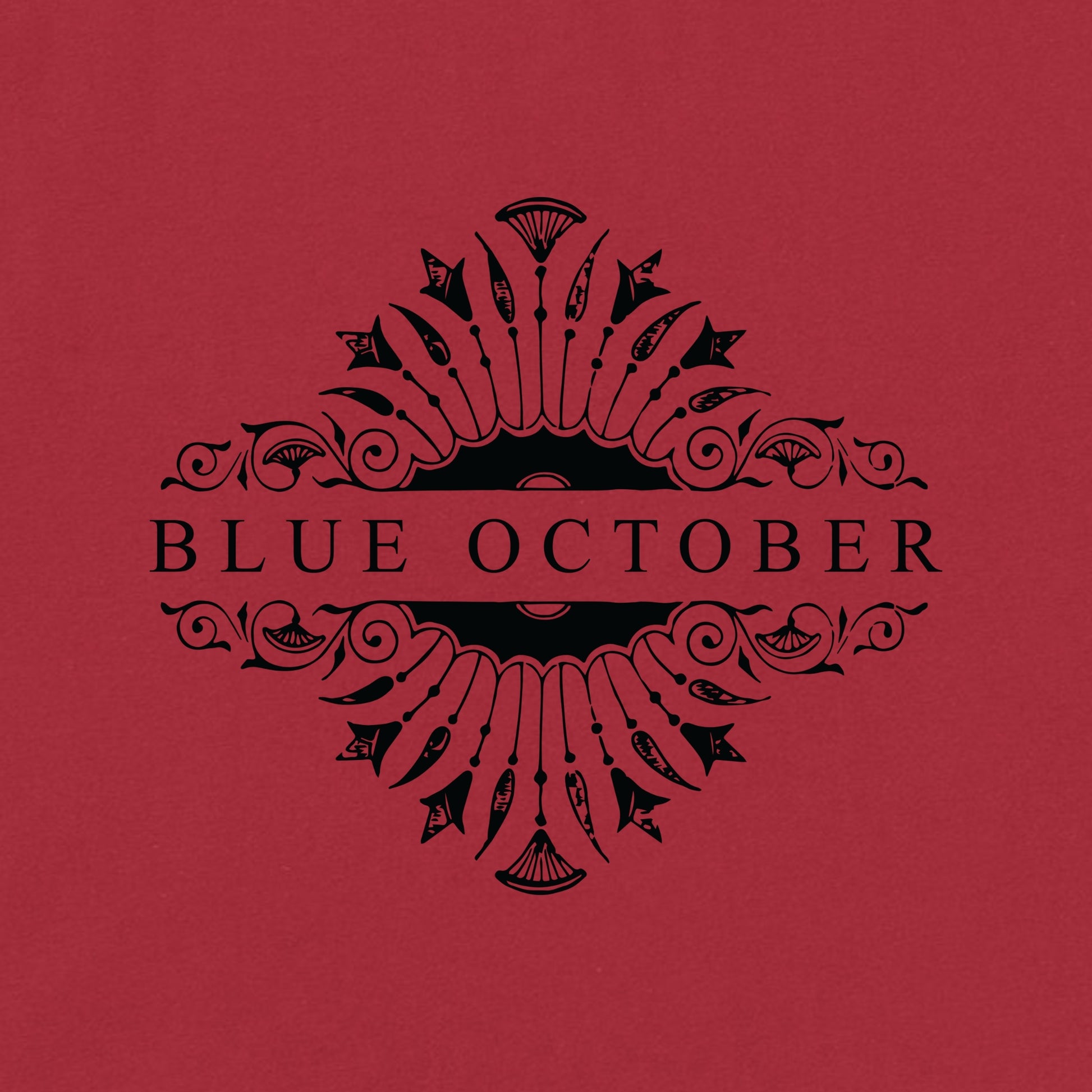 Close up of the Blue October Red Foiled 20th Anniversary logo