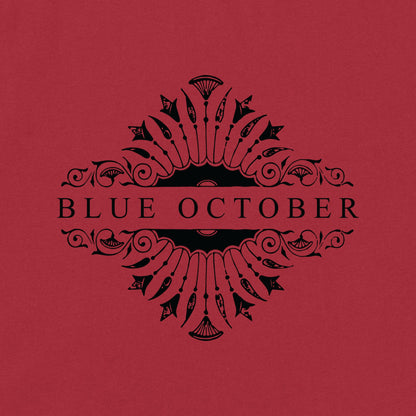 Close up of the Blue October Red Foiled 20th Anniversary logo