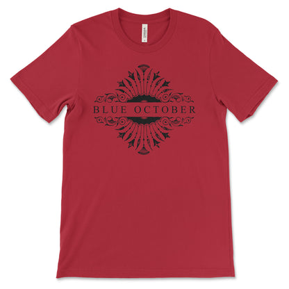 Front view of the Blue October Red Foiled 20th Anniversary logo T-shirt 