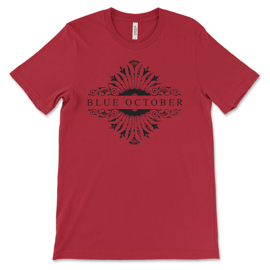 Front view of the Blue October Red Foiled 20th Anniversary logo T-shirt 