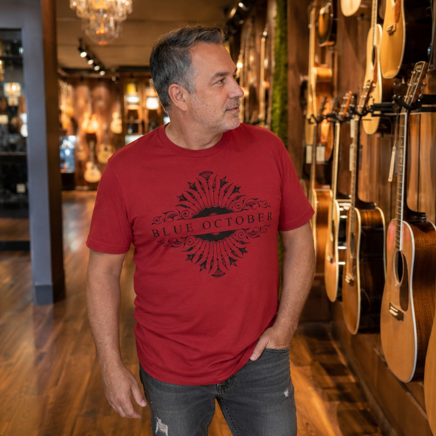 A woman wearing the Blue October Red Foiled Logo T-shirt.