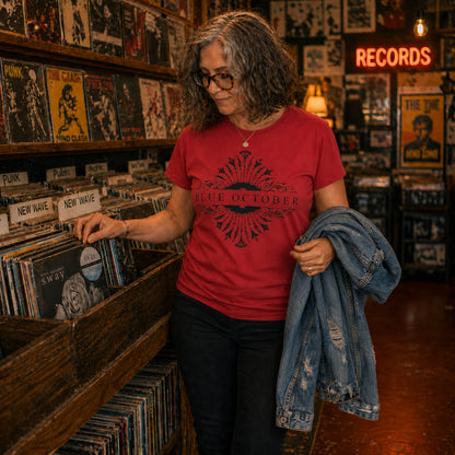 A woman wearing the Blue October Red Foiled Logo T-shirt.
