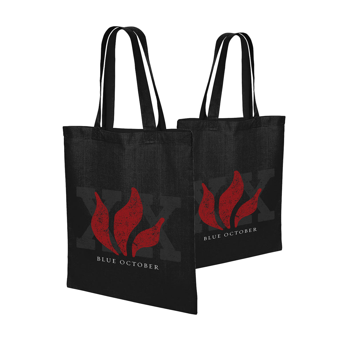 Dual sided black tote with the Blue October Red Foiled 20th Anniversary Flame in red.