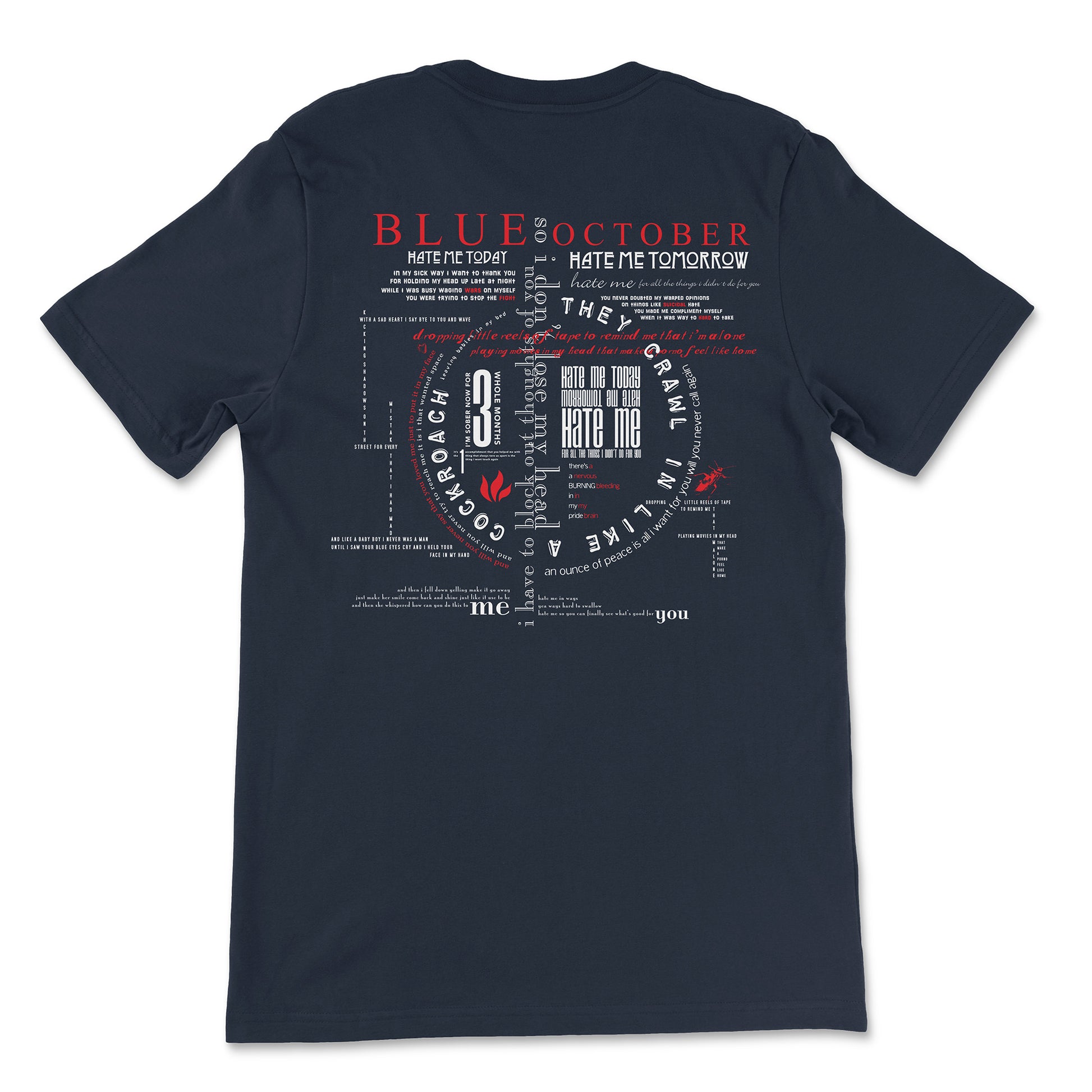 Navy Hate Me Tee back with full song lyrics in white & red.