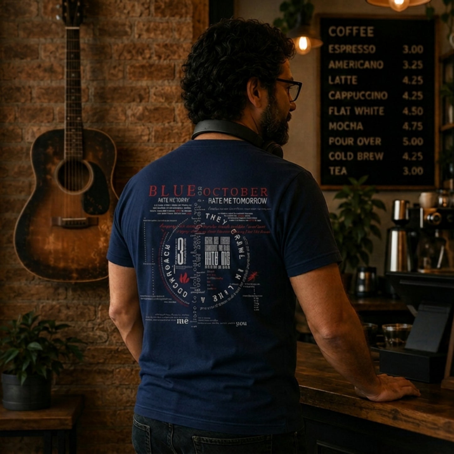 A guy wearing a navy Hate Me 20th Anniversary tee back with lyrics.