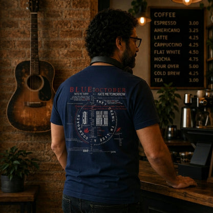A guy wearing a navy Hate Me 20th Anniversary tee back with lyrics.
