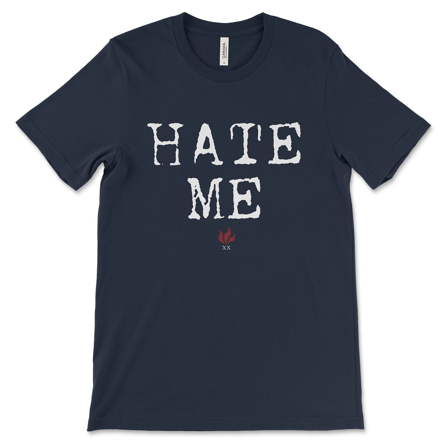 Navy Hate Me Tee with Blue October 20th Anniversary Foiled Flame logo beneath.
