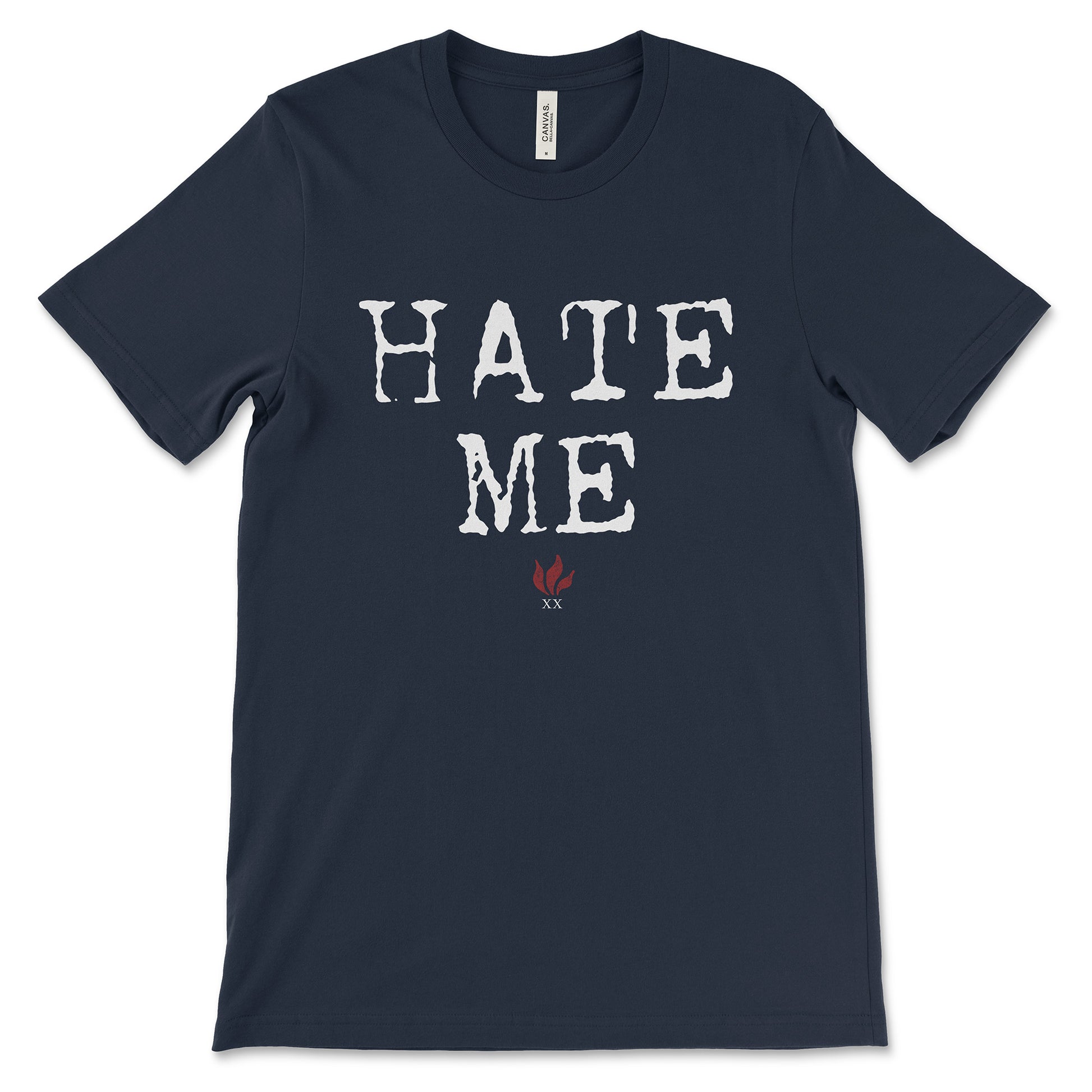 Navy Hate Me Tee with Blue October 20th Anniversary Foiled Flame logo beneath.