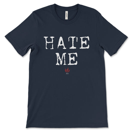 Navy Hate Me Tee with Blue October 20th Anniversary Foiled Flame logo beneath.