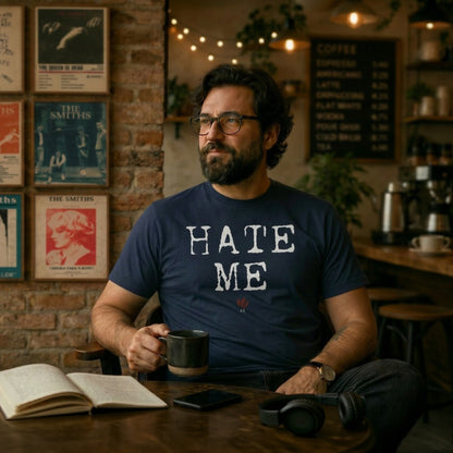 A guy wearing a navy Hate Me 20th Anniversary tee a a coffee bar.