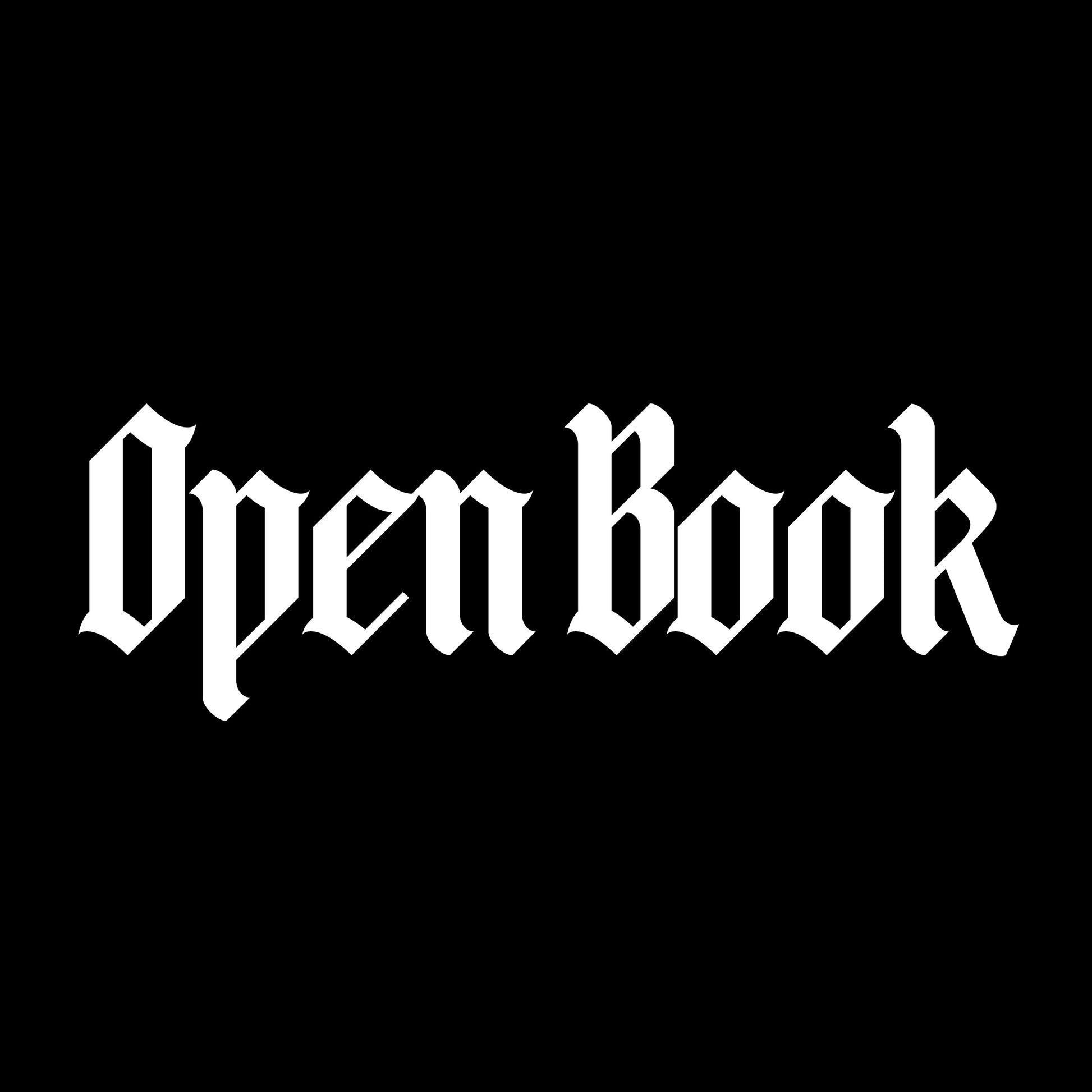 Text 'Open Book' in a decorative font on a black background