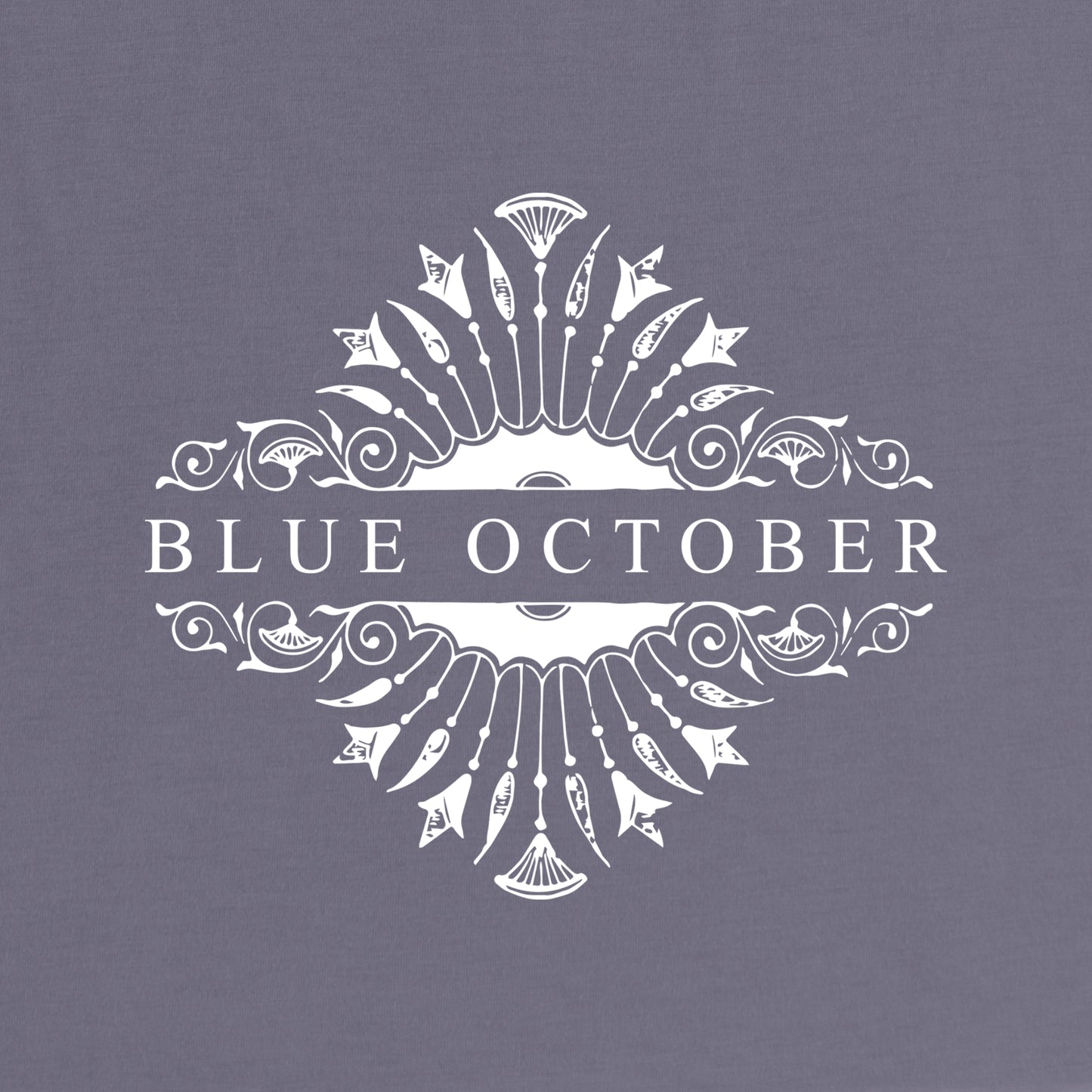 20th Anniversary Blue October logo framed by a floral graphic close up.