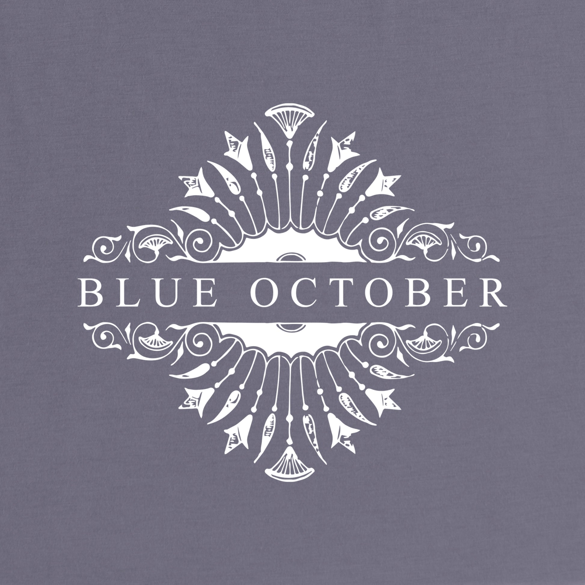 20th Anniversary Blue October logo framed by a floral graphic close up.