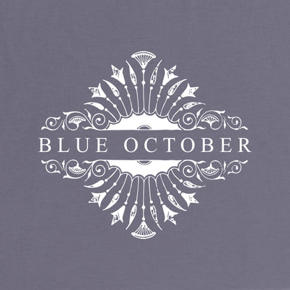 20th Anniversary Blue October logo framed by a floral graphic close up.