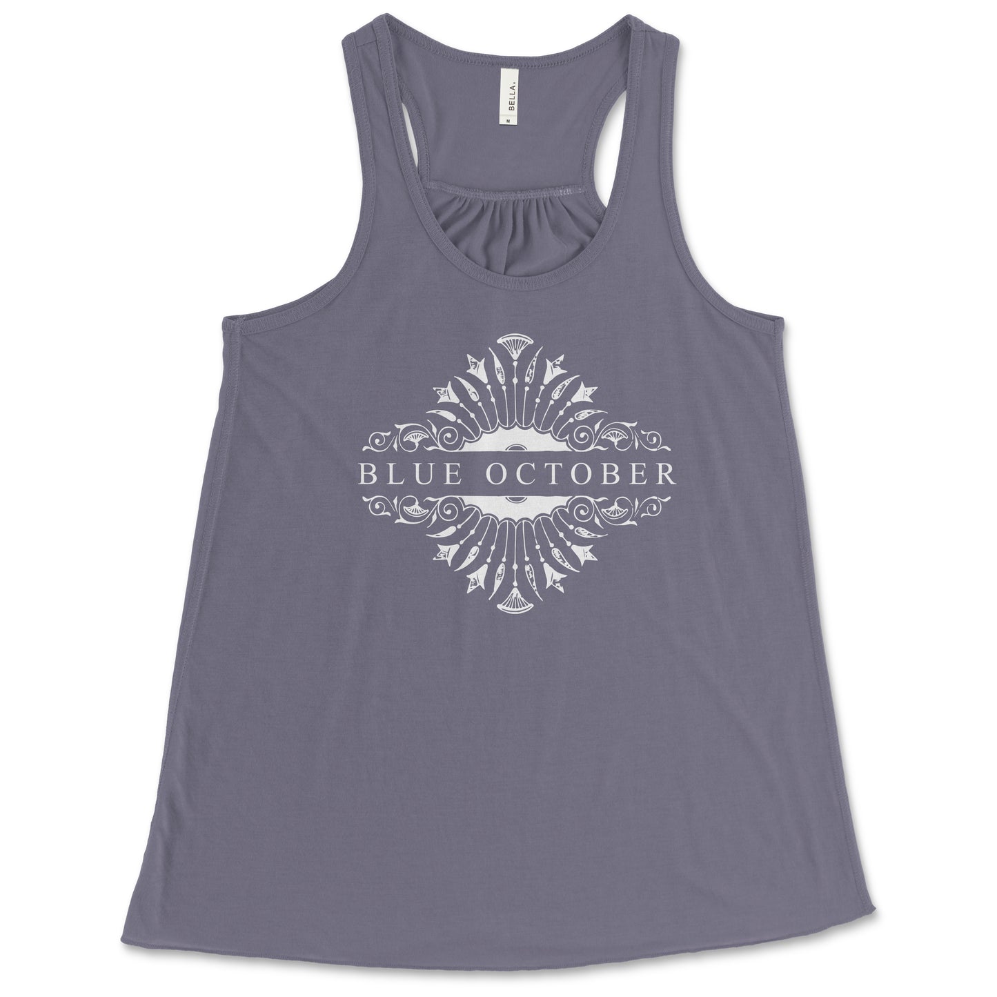 Ladies racer back tank top with the floral Blue October  20th Anniversary logo.