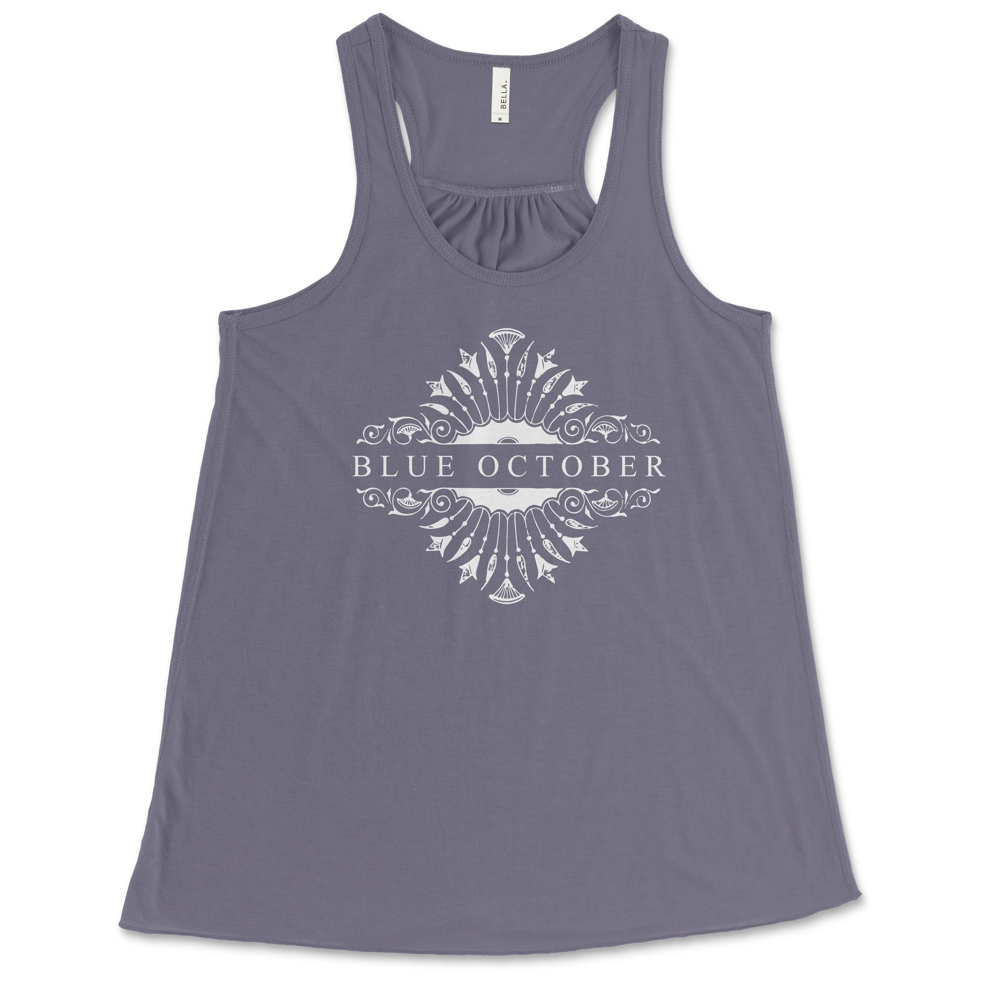 Ladies racer back tank top with the floral Blue October  20th Anniversary logo.