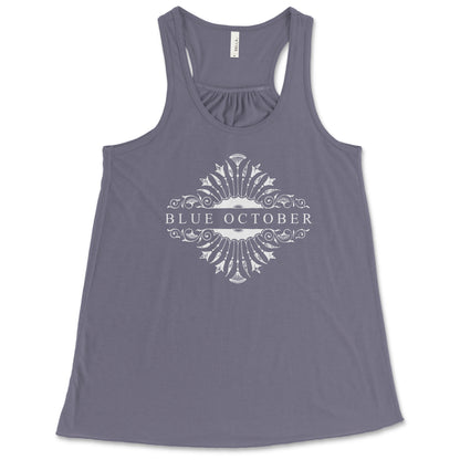 Ladies racer back tank top with the floral Blue October  20th Anniversary logo.