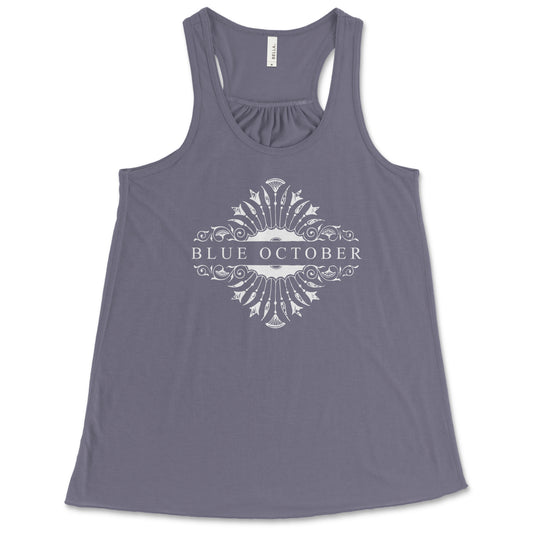 Ladies racer back tank top with the floral Blue October  20th Anniversary logo.