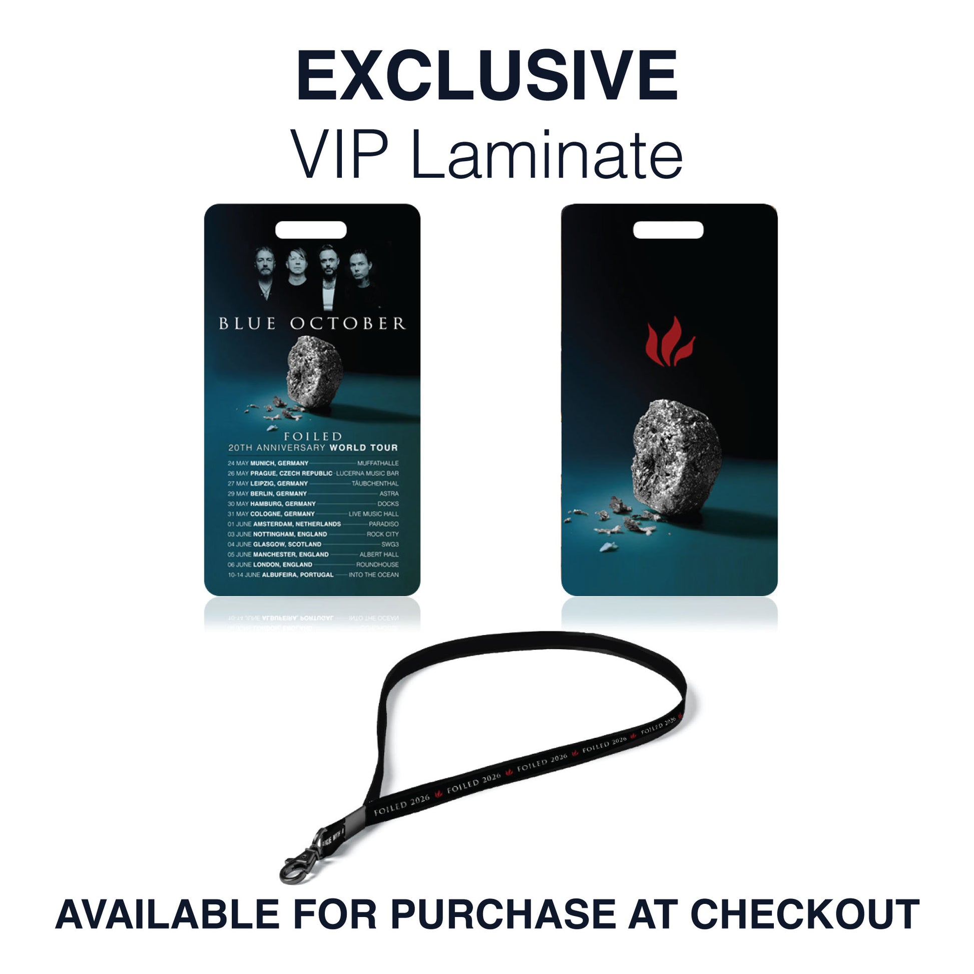 VIP laminate with lanyard for Blue October 10th Anniversary World Tour on a white background