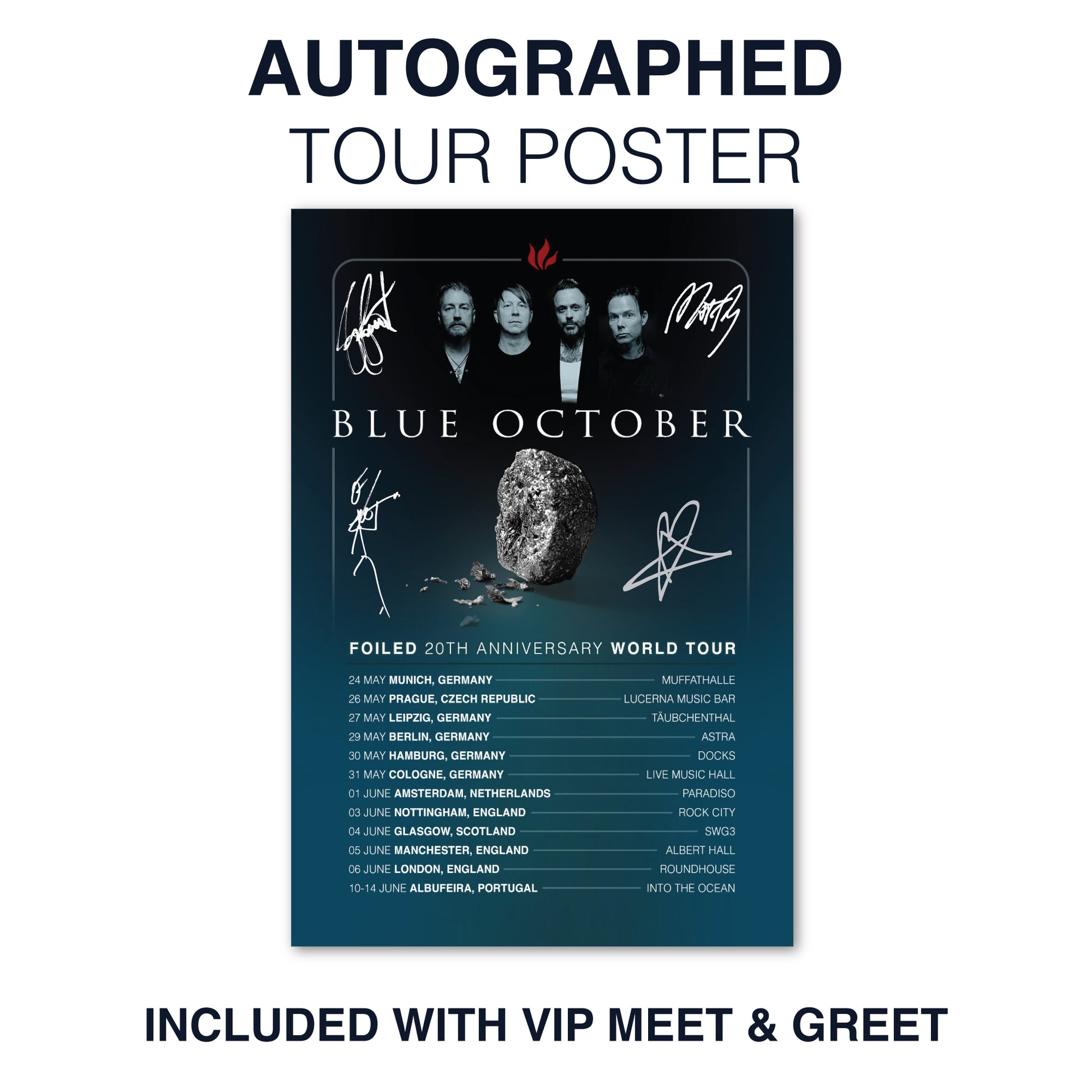 Blue October tour poster with signatures and tour details on a dark blue background